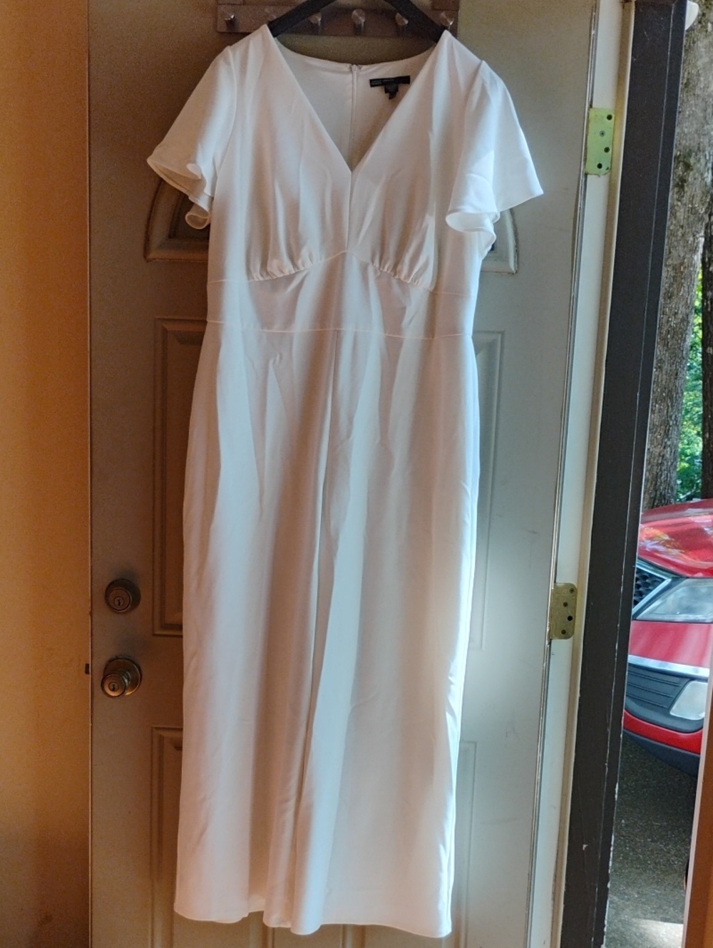 Maggy London White V-Neck Wide-Leg Jumpsuit with Flutter Sleeves